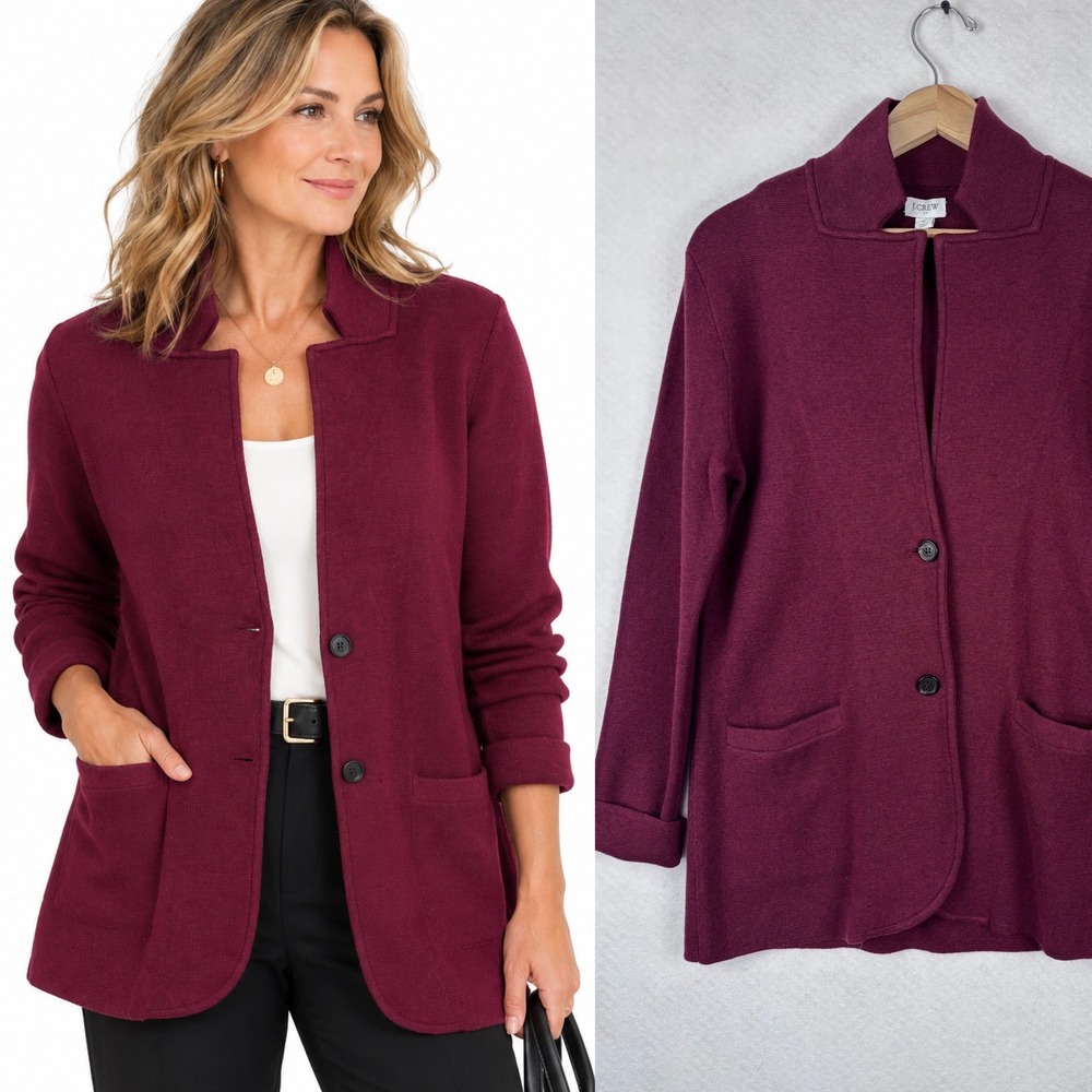 J.Crew Sweater Blazer Sz S Burgundy Cotton Knit Open Front Cardigan Office